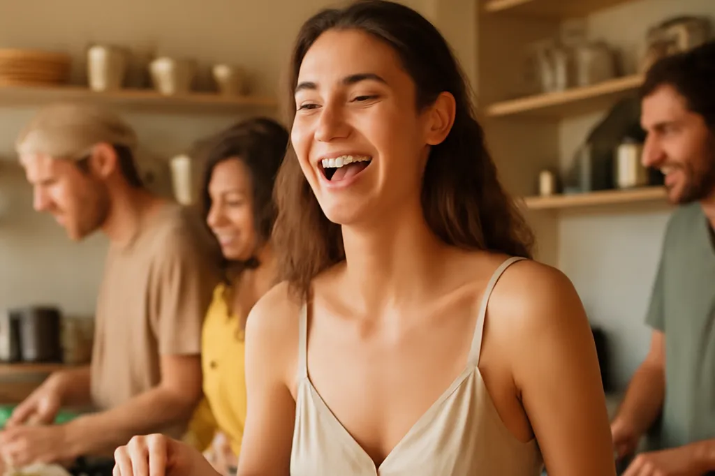 Voyageurs souriants préparant un repas ensemble dans la cuisine commune animée d'une auberge de jeunesse