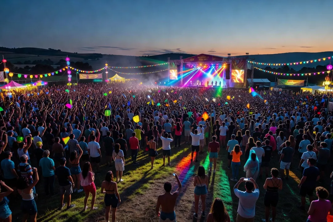 Deux festivaliers dansent côte à côte dans la foule, éclairés par les jeux de lumière de la scène principale au crépuscule