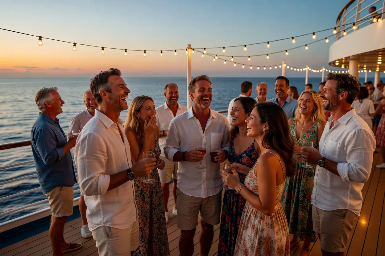 Couple dansant sur le pont d'un navire au coucher de soleil en Méditerranée
