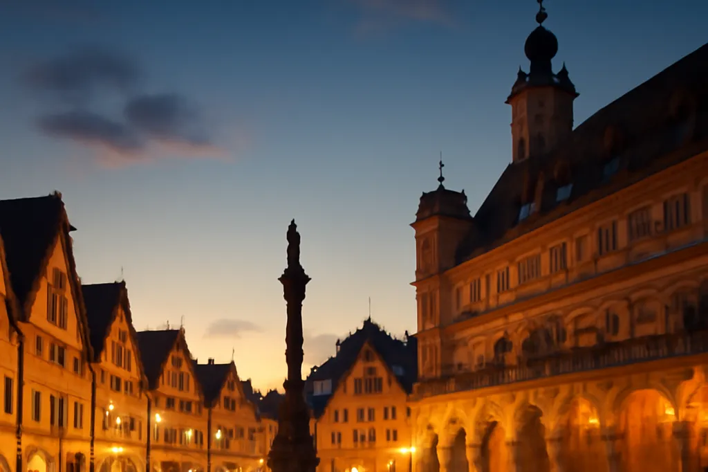 Place historique européenne pavée entourée d'architecture ancienne, avec couple attablé en terrasse au coucher du soleil