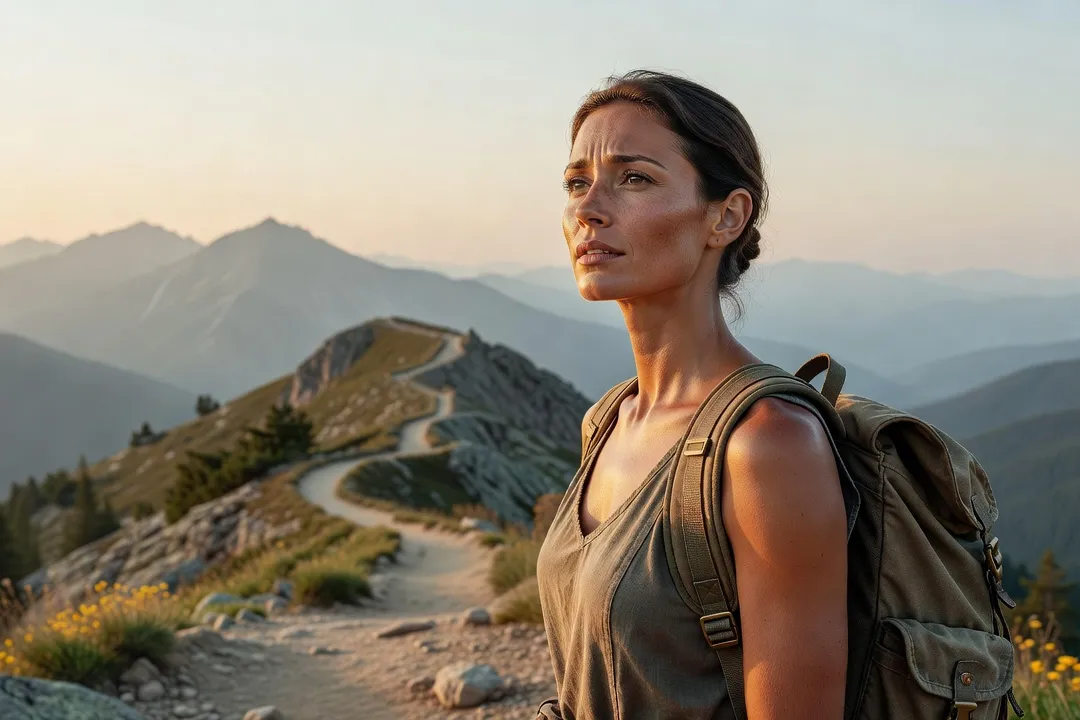 Voyageuse de dos face à un paysage de montagnes au coucher du soleil, sac à dos posé à ses pieds