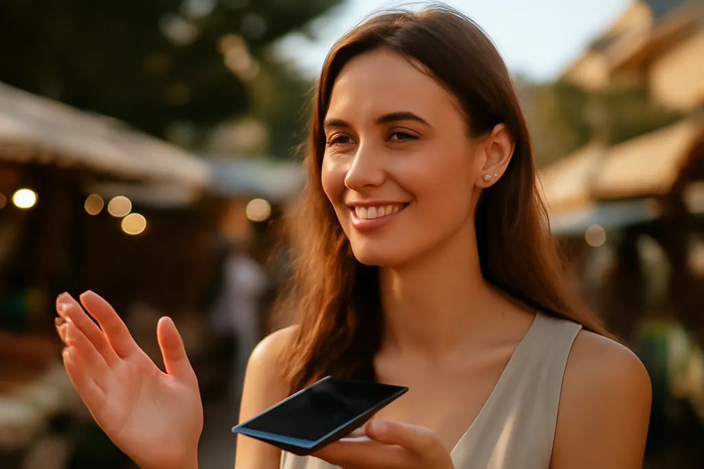 Un couple en voyage échange en souriant, l'un montrant une phrase traduite sur son téléphone à l'autre.
