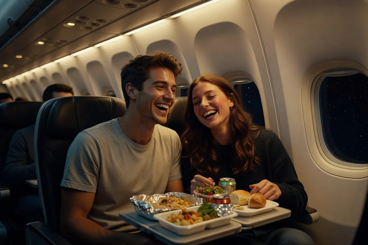 Un homme et une femme souriants conversant côte à côte dans la cabine d'un avion de long-courrier, hublots lumineux au-dessus de l'aile