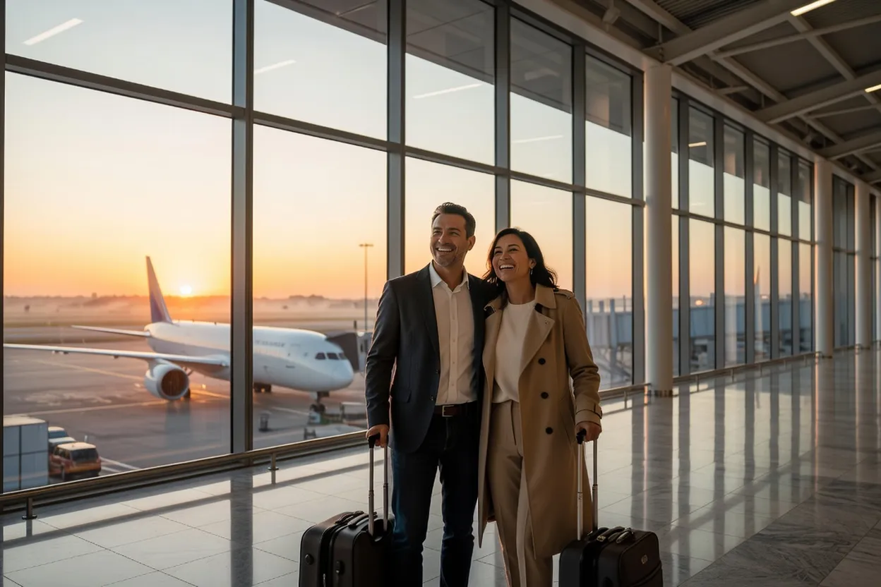 Un couple riant ensemble dans le hall lumineux d'un aéroport international, valises à leurs pieds et grand panorama de baies vitrées sur les pistes