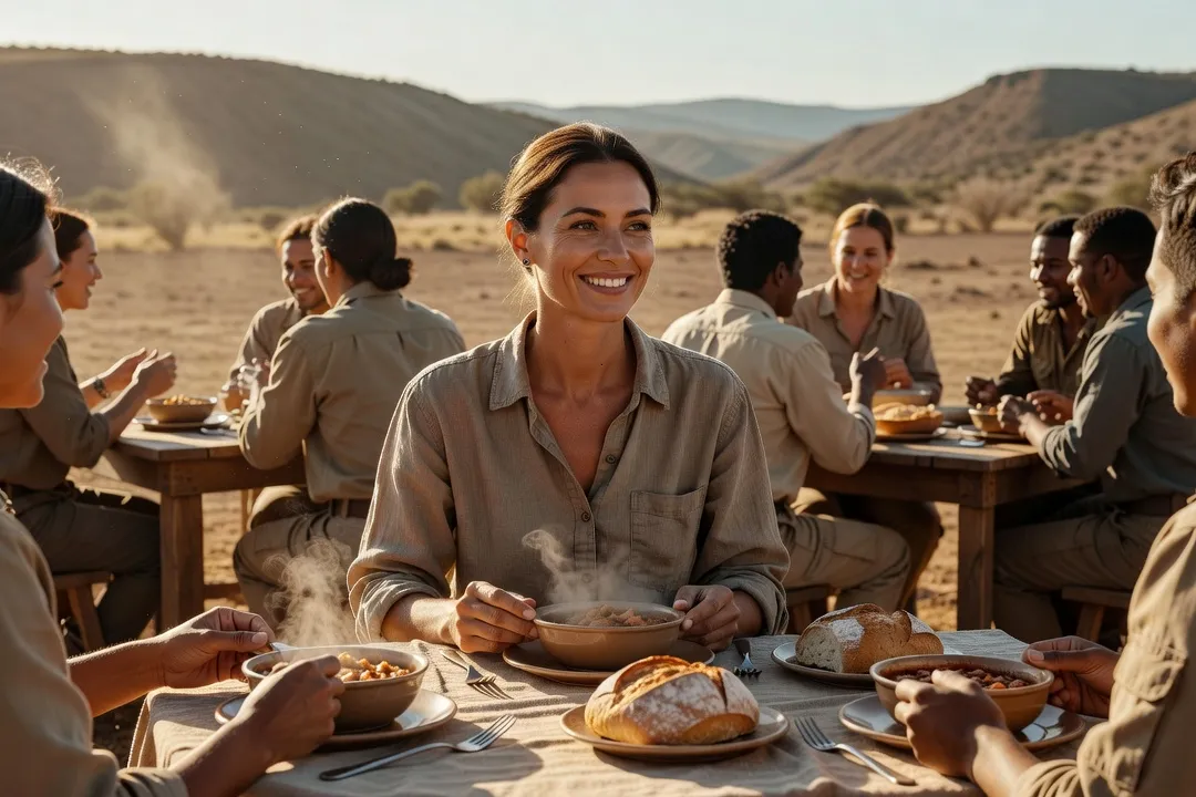 Volontaires partageant un repas convivial en plein air pendant leur mission