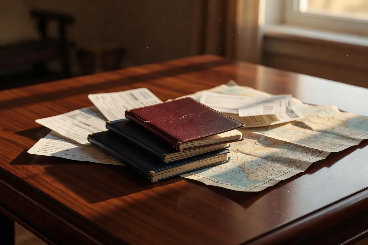 Dossier de documents administratifs et passeport posés sur une table, symbole des démarches de visa pour couples internationaux