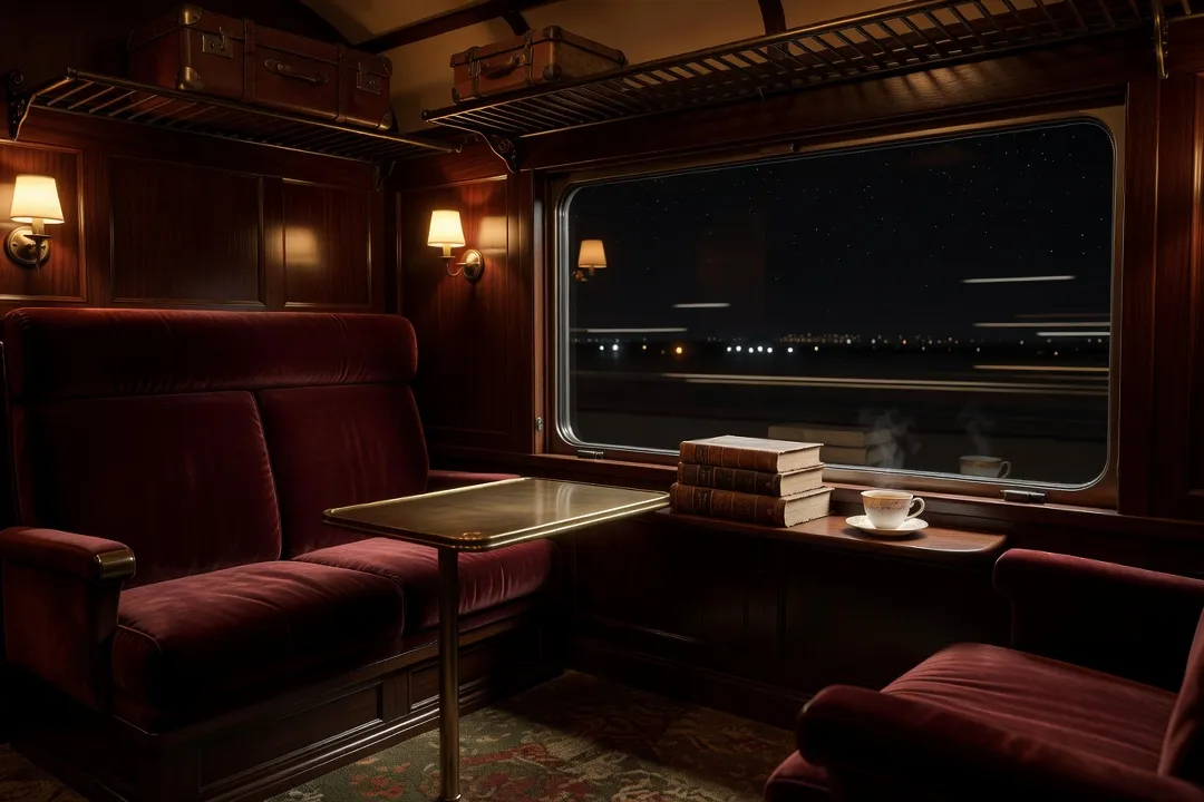 Intérieur d'un compartiment de train couchette partagé avec deux voyageurs installés face à face