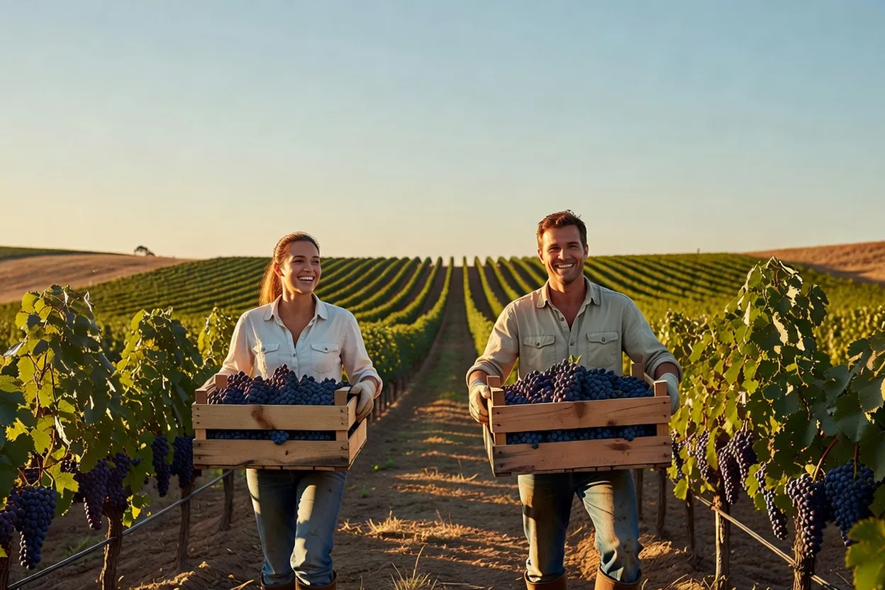 Deux vendangeurs souriants portant des caisses de raisins dans les coteaux ensoleillés d'un vignoble