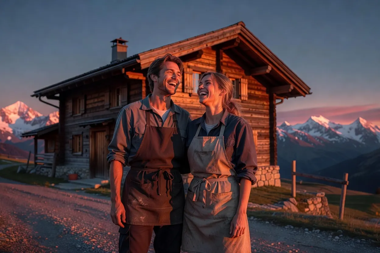 Couple de saisonniers riant ensemble devant un chalet de montagne au coucher du soleil, tabliers de service encore noués