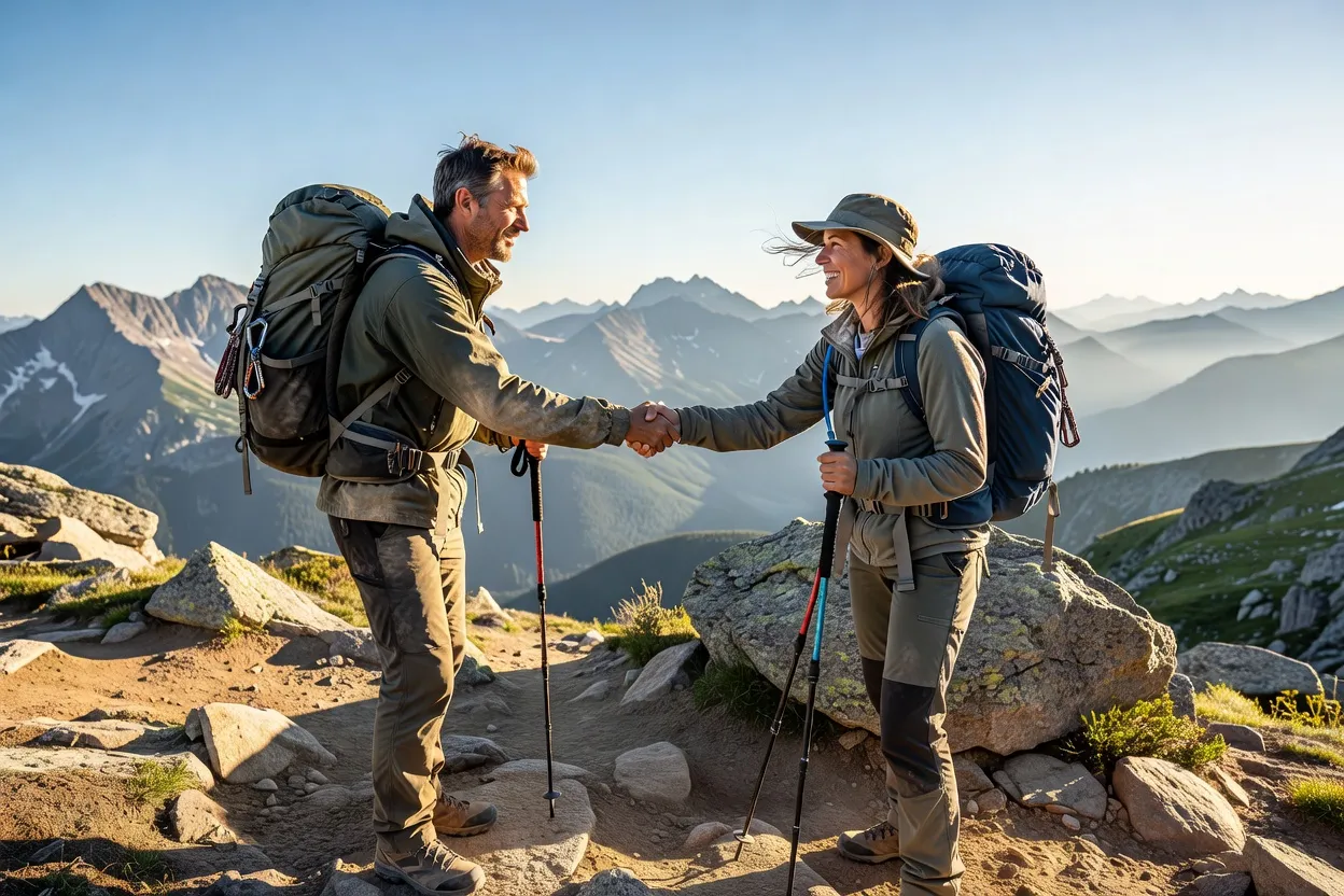 Deux randonneurs discutant devant un refuge de montagne après une étape de trek