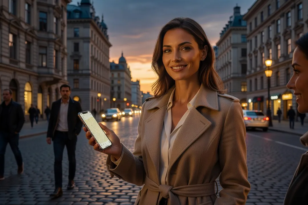 Voyageuse consultant une application de partage de position sur son téléphone avant un rendez-vous