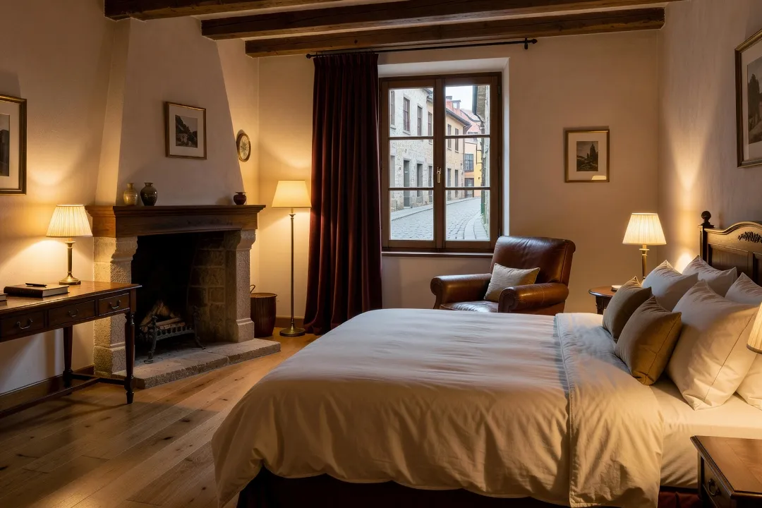 Chambre d'hôtel cosy et centrale avec vue sur une ville européenne, idéale pour un week-end en couple