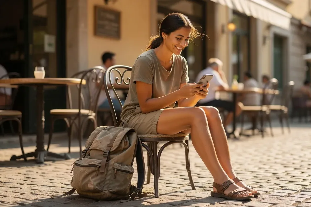 Voyageuse consultant une application de rencontre sur son téléphone dans un café en terrasse
