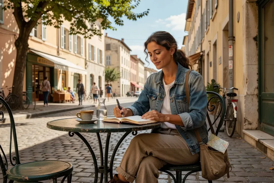 Voyageuse souriante assise seule en terrasse, valise et carnet à ses côtés