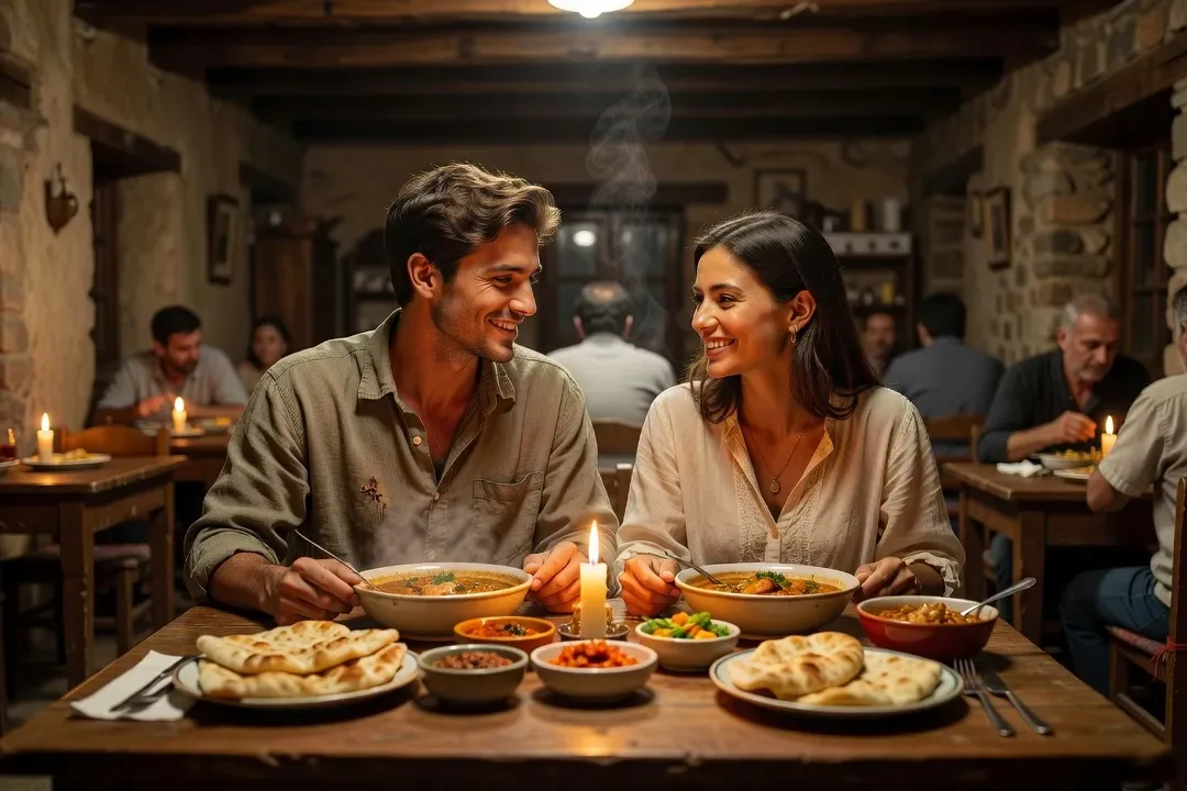 Couple international discutant sereinement de son projet de vie commun autour d'une table