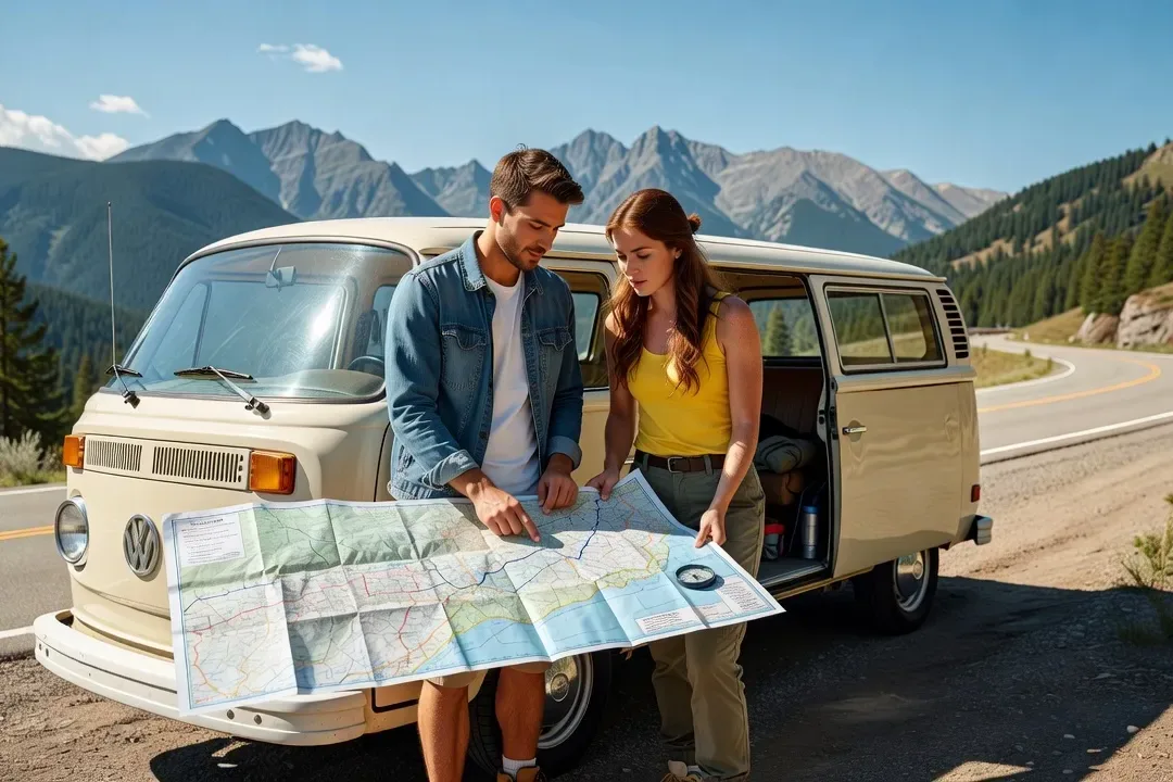 Couple souriant chargeant les bagages dans le coffre d'une voiture avant de partir en road trip