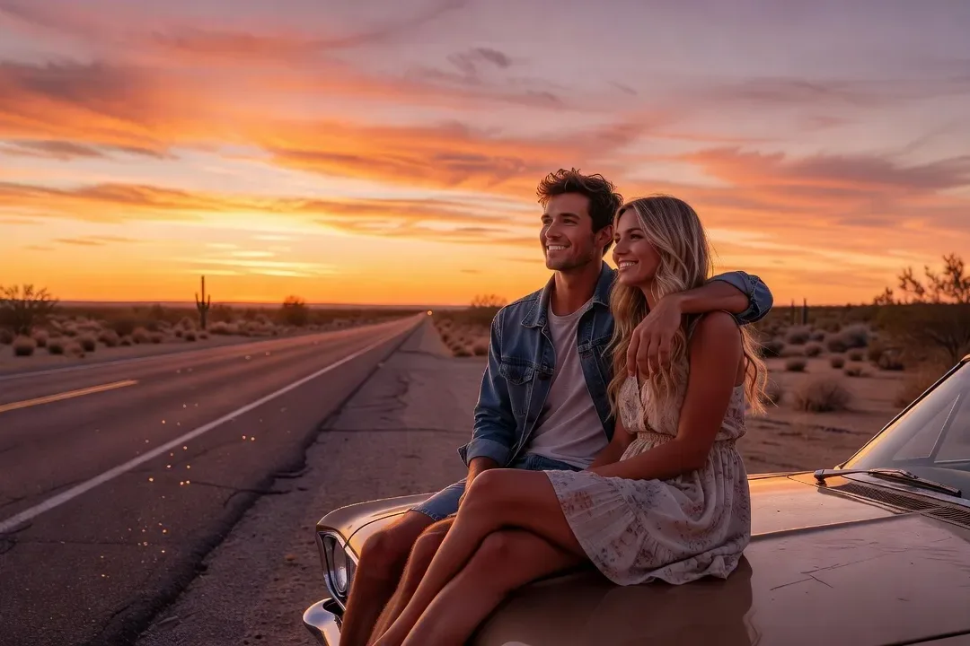Couple assis sur le capot de leur voiture admirant un paysage de montagne lors d'une pause road trip